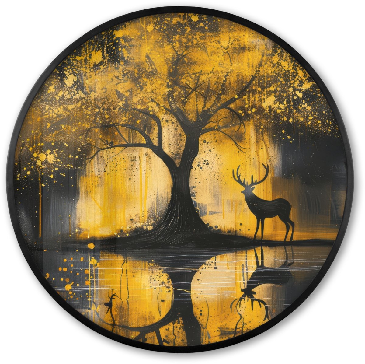 FrameYourWall Poster in lijst Rond - Fotolijst 80x80 cm - Posters - Boom - Verflook - Hert - Natuur - Goud - Ronde posterlijst zwart - Decoratie - Wanddecoratie woonkamer - Muurdecoratie slaapkamer