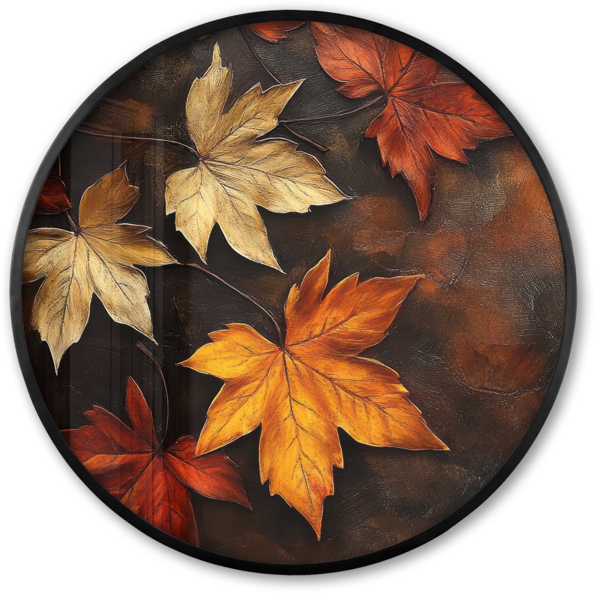 FrameYourWall Poster in lijst Rond - Fotolijst 80x80 cm - Posters - Herfstbladeren - Bruin - Oranje bladeren - Herfst rood - Ronde posterlijst zwart - Decoratie - Wanddecoratie woonkamer - Muurdecoratie slaapkamer