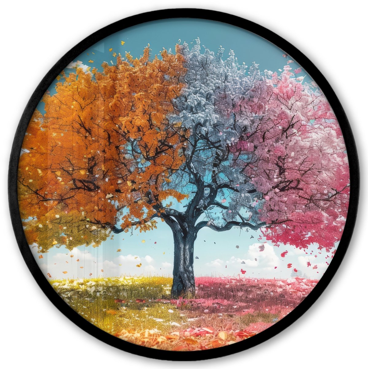 FrameYourWall Poster in lijst Rond - Fotolijst 40x40 cm - Posters - Boom - Kleurrijk - Natuur - Levensboom - Ronde posterlijst zwart - Decoratie - Wanddecoratie woonkamer - Muurdecoratie slaapkamer Boom - Kleuren