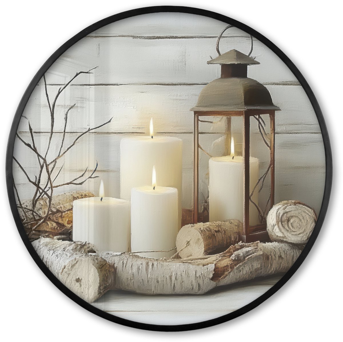 FrameYourWall Poster in lijst Rond - Fotolijst 60x60 cm - Posters - Stilleven - Wit - Kaarsen - Rustiek - Natuur - Ronde posterlijst zwart - Decoratie - Wanddecoratie woonkamer - Muurdecoratie slaapkamer