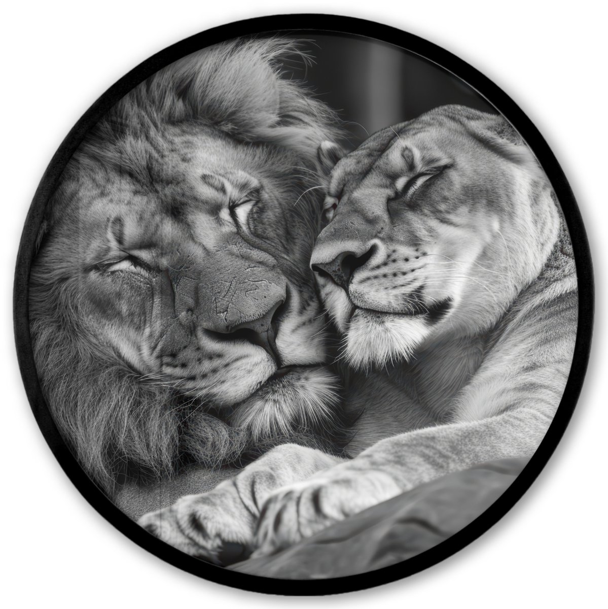 FrameYourWall Poster in lijst Rond - Fotolijst 40x40 cm - Posters - Leeuwen - Dieren - Zwart - Wit - Leeuw - Ronde posterlijst zwart - Decoratie - Wanddecoratie woonkamer - Muurdecoratie slaapkamer