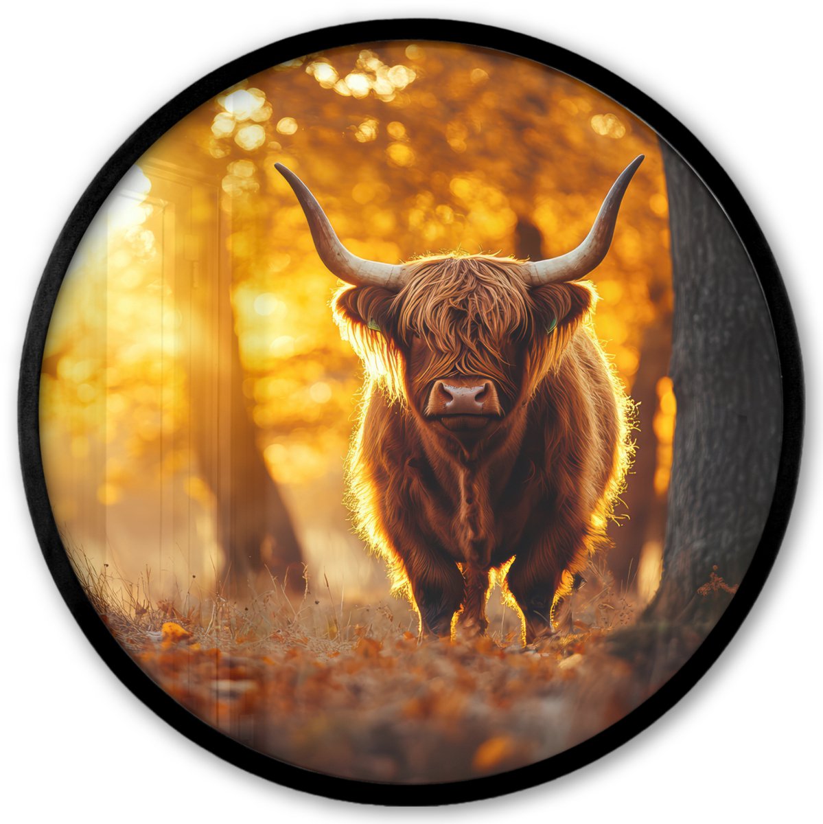 FrameYourWall Poster in lijst Rond - Fotolijst 40x40 cm - Posters - Schotse hooglander - Bos - Herfst - Dieren - Natuur - Bladeren - Ronde posterlijst zwart - Decoratie - Wanddecoratie woonkamer - Muurdecoratie slaapkamer