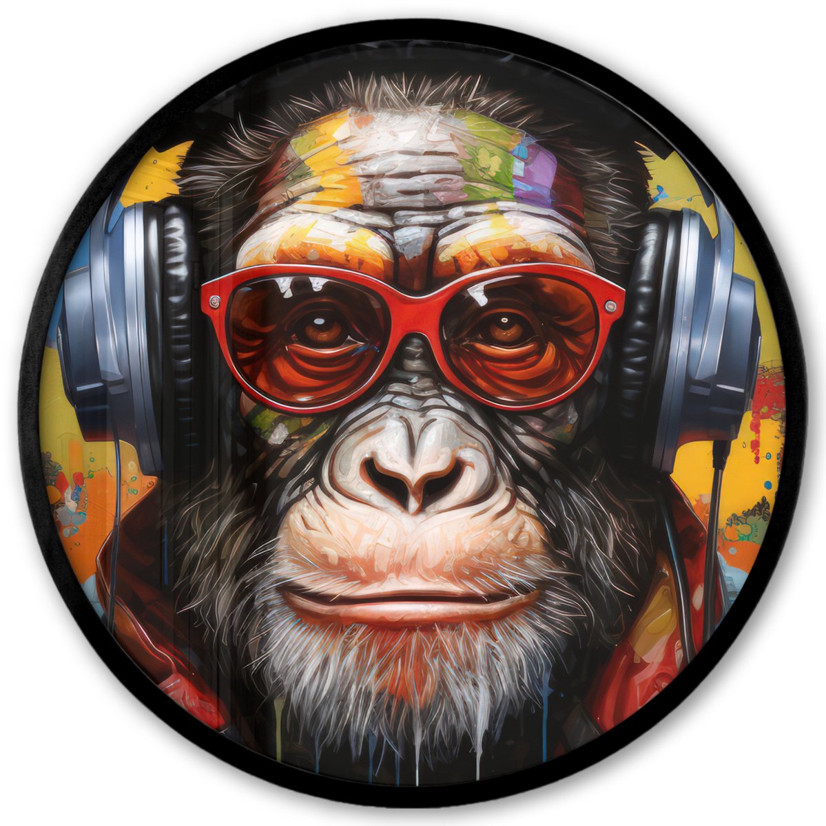 FrameYourWall Poster in lijst Rond - Fotolijst 40x40 cm - Posters - Chimpansee - Aap - dieren - Graffiti - Bril - Koptelefoon - Kleuren - Ronde posterlijst zwart - Decoratie - Wanddecoratie woonkamer - Muurdecoratie slaapkamer Aap - Kleuren