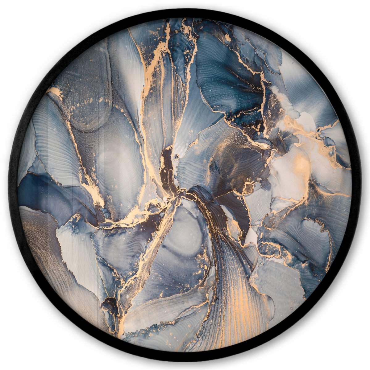FrameYourWall Poster in lijst Rond - Fotolijst 40x40 cm - Posters - Marmer - Grijs - Blauw - Luxe - Goud - Ronde posterlijst zwart - Decoratie - Wanddecoratie woonkamer - Muurdecoratie slaapkamer Blauw; Grijs; Marmer