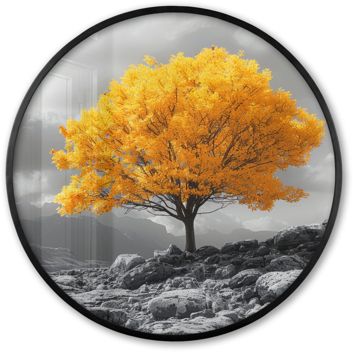 FrameYourWall Poster in lijst Rond - Fotolijst 80x80 cm - Posters - Boom - Geel - Natuur - Zwart wit - Ronde posterlijst zwart - Decoratie - Wanddecoratie woonkamer - Muurdecoratie slaapkamer