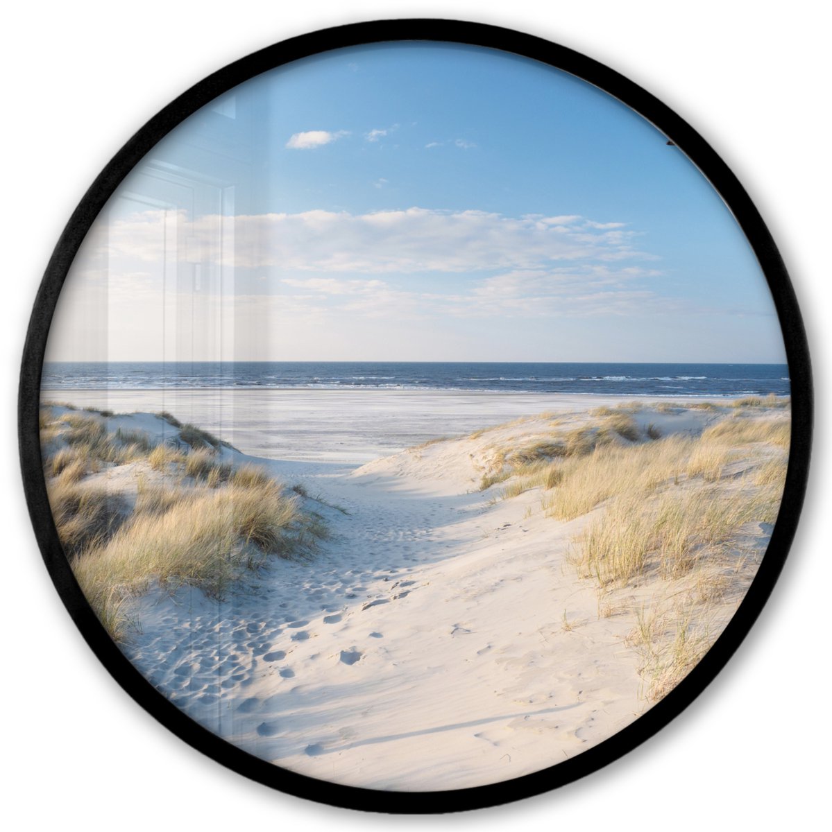 FrameYourWall Poster in lijst Rond - Fotolijst 40x40 cm - Posters - Duin - Meeuw - Strand - Zee - Zon - Ronde posterlijst zwart - Decoratie - Wanddecoratie woonkamer - Muurdecoratie slaapkamer Strand - Meeuw