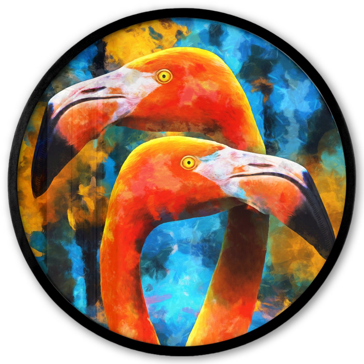 FrameYourWall Poster in lijst Rond - Fotolijst 40x40 cm - Posters - Schilderij - Olieverf - Flamingo - Ronde posterlijst zwart - Decoratie - Wanddecoratie woonkamer - Muurdecoratie slaapkamer Multicolor