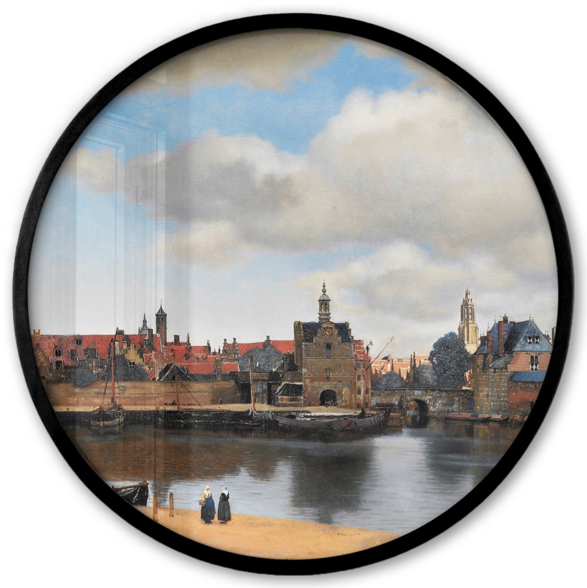 FrameYourWall Poster in lijst Rond - Fotolijst 40x40 cm - Posters - Vermeer - Stad - Oude meesters - Kunst - Ronde posterlijst zwart - Decoratie - Wanddecoratie woonkamer - Muurdecoratie slaapkamer Multicolor