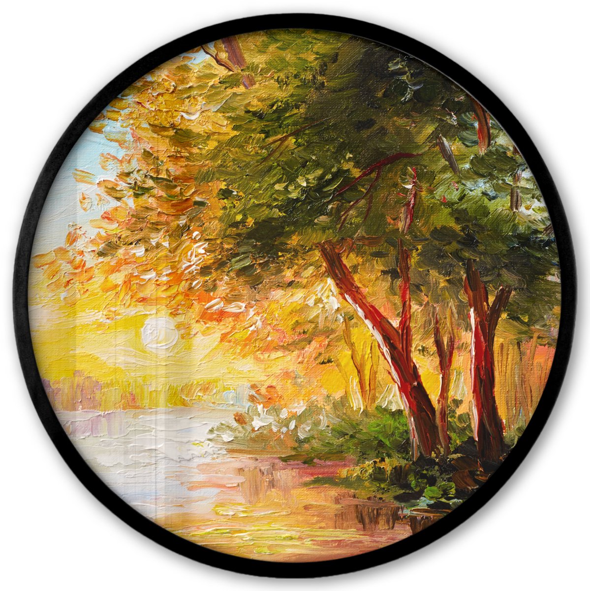 FrameYourWall Poster in lijst Rond - Fotolijst 40x40 cm - Posters - Natuur - Schilderij - Boom - Water - Ronde posterlijst zwart - Decoratie - Wanddecoratie woonkamer - Muurdecoratie slaapkamer Multicolor