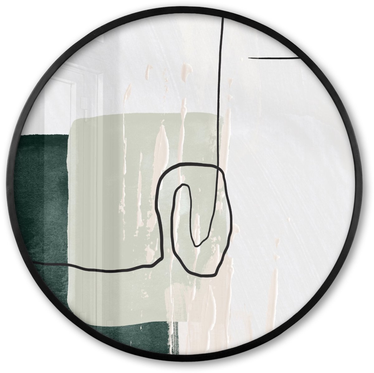 FrameYourWall Poster in lijst Rond - Fotolijst 80x80 cm - Posters - Abstract - Kunst - Groen - Wit - Verf - Ronde posterlijst zwart - Decoratie - Wanddecoratie woonkamer - Muurdecoratie slaapkamer