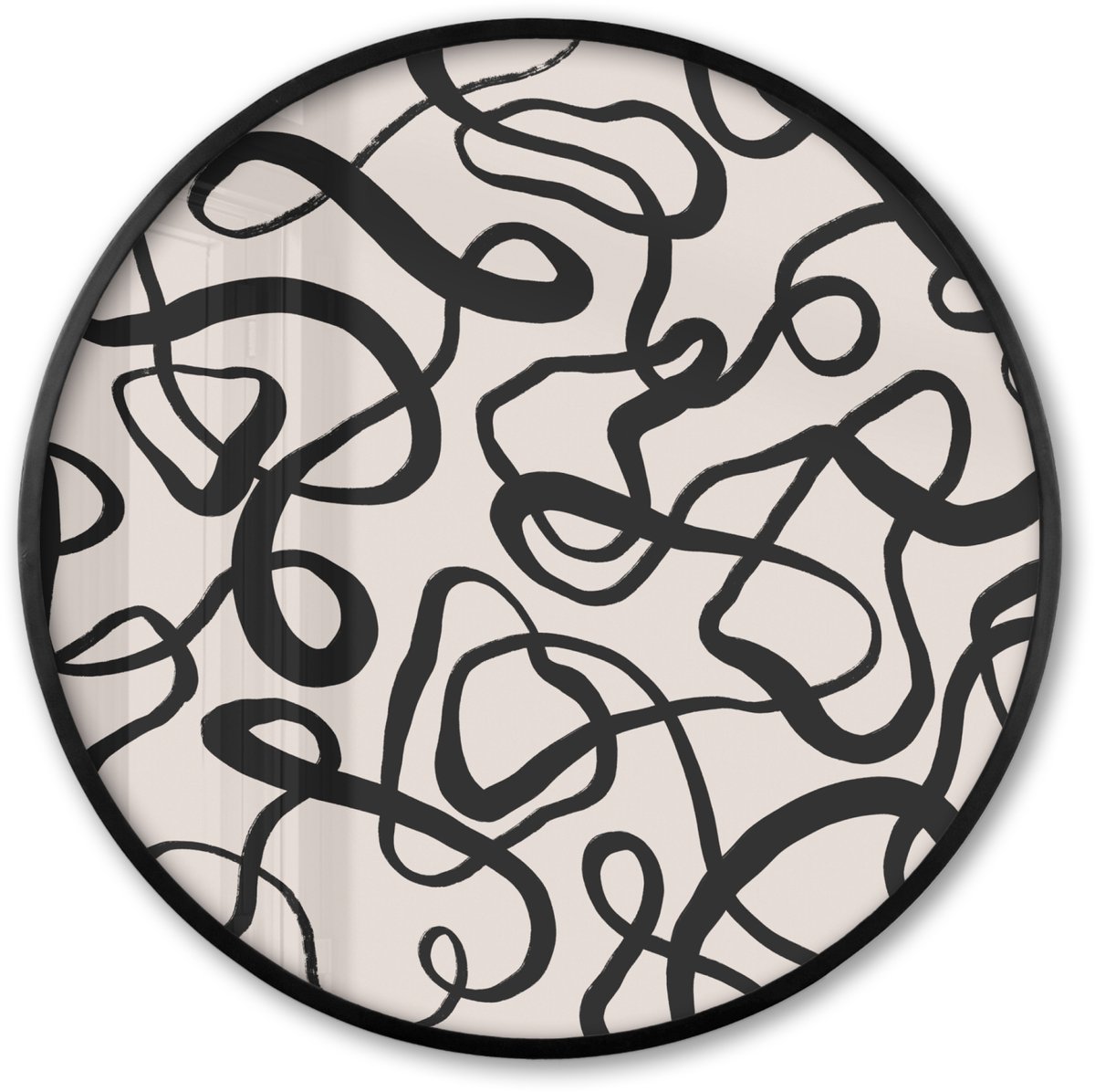 FrameYourWall Poster in lijst Rond - Fotolijst 60x60 cm - Posters - Lijnen - Kunst - Zwart - Beige - Ronde posterlijst zwart - Decoratie - Wanddecoratie woonkamer - Muurdecoratie slaapkamer Lijntjes