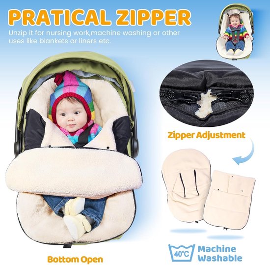 Voetenzak babyschaal winter, universele wikkeldeken, babyschaal winter met verstelbare kraag, warme berberfleece voering, ritssluiting, geschikt voor Maxi-Cosi, Cybex, Romeinen enz. (zwart) — afbeelding 3
