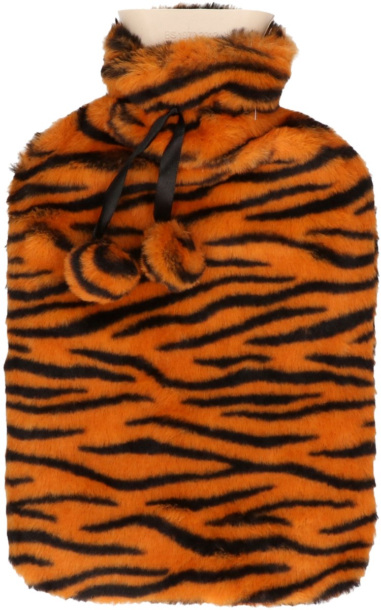H&S Collection Warmwaterkruik - tijgerprint - met zachte dierenprint hoes - oranje/zwart - 1,75L - kruik