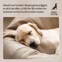 Labrador pup slaapt in een zachte, bruine hondenmand. "Ideaal voor honden die graag knus liggen".