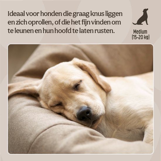 Labrador pup slaapt in een zachte, bruine hondenmand. "Ideaal voor honden die graag knus liggen".