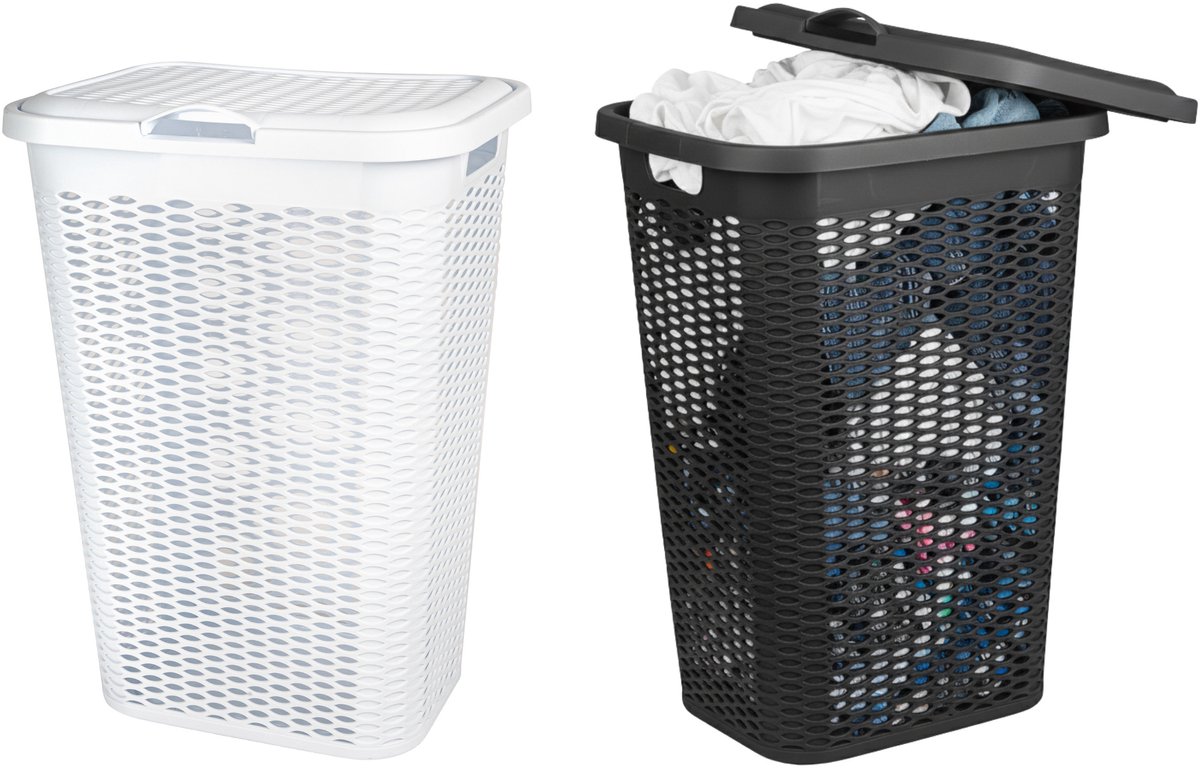 Wasmand Ventilation - met deksel - 2x stuks - zwart en wit - 50 liter - 61 x 43 cm