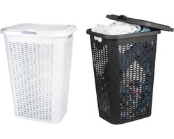 Wasmand Ventilation - met deksel - 2x stuks - zwart en wit - 50 liter - 61 x 43 cm
