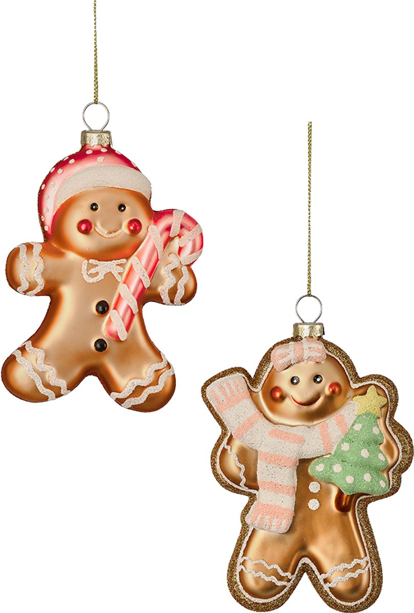 Viv! Christmas Kerstornament - Gingerbread Poppetjes - set van 2 - glas - bruin roze - 13cm