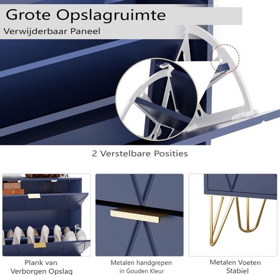 Gedetailleerde foto's van een donkerblauwe schoenenkast: een vak met schoenen, een gouden handgreep en gouden pootjes. Bevat tekst 'Grote opslagruimte' en 'Verwijderbaar paneel'.