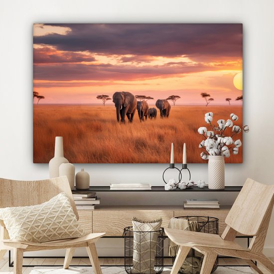 Tableau sur toile 120x80 cm - Décoration murale exclusive - Groupe d'éléphants - Plaine ouverte - Soleil - Décoration murale murale salon - Décoration chambre - Accessoires de décoration - Peintures sur toile