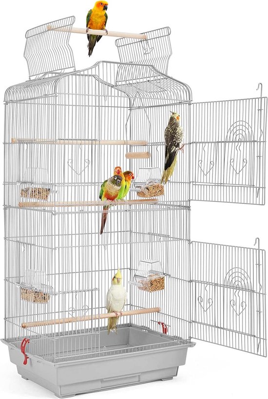 Papa simba Vogelkooi ,volière ,vogelkooi met draagbaar handvat met 4 voerbakken ,3 zitstokken, 46 x 35 x 92 cm , lichtgrijs , HMTM-BC-10001-Grey