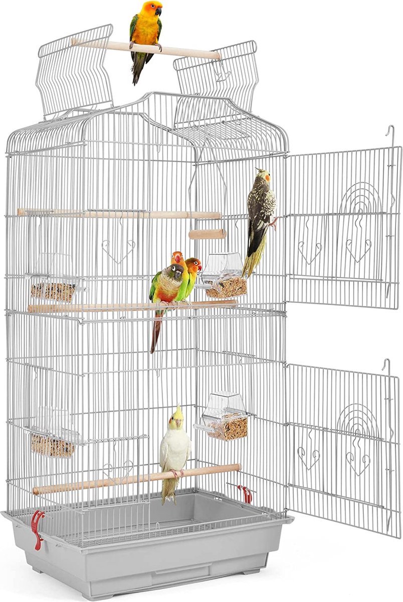Papa simba Vogelkooi ,volière ,vogelkooi met draagbaar handvat met 4 voerbakken ,3 zitstokken, 46 x 35 x 92 cm , lichtgrijs , HMTM-BC-10001-Grey