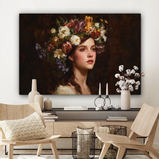 Tableau sur toile 120x80 cm - Décoration murale exclusive - Portrait - Femme - Fleurs - Décoration murale salon - Décoration chambre - Accessoires de décoration - Peintures sur toile