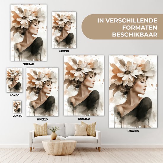 Toile d'une femme avec une coiffe florale, présentée en différentes tailles : 90x140, 60x90, 40x60, 20x30, 80x120, 100x150, 120x180.