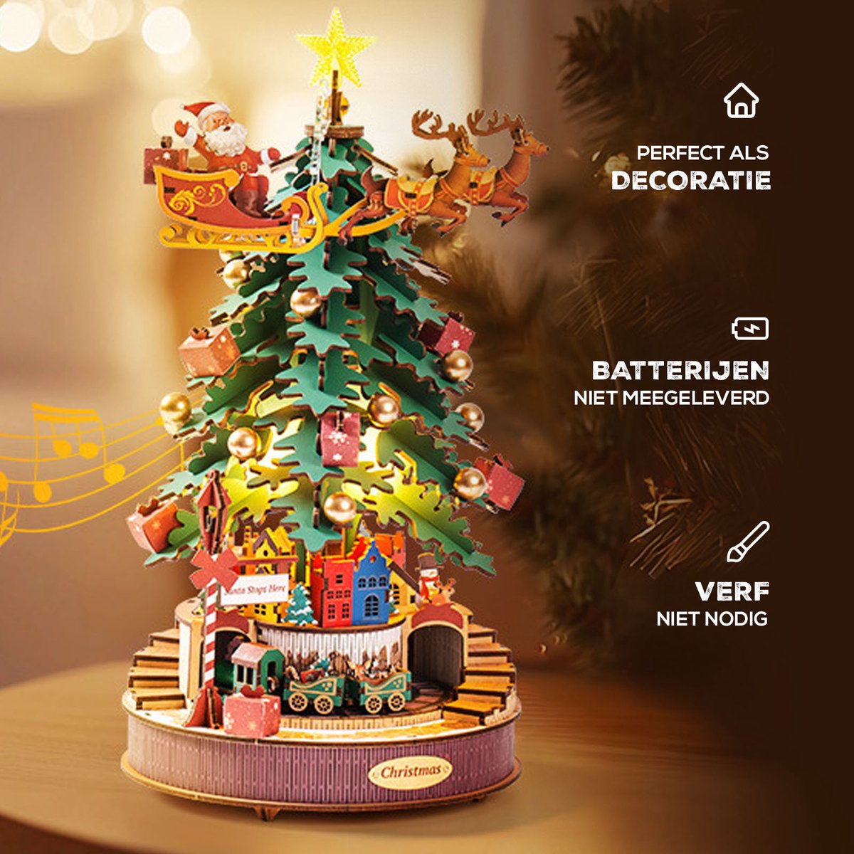 Robotime Christmas Melody Tree 3D Houten Muziekdoos – Kerstboom Bouwpakket – 319 Onderdelen - 30x30x40cm — afbeelding 5