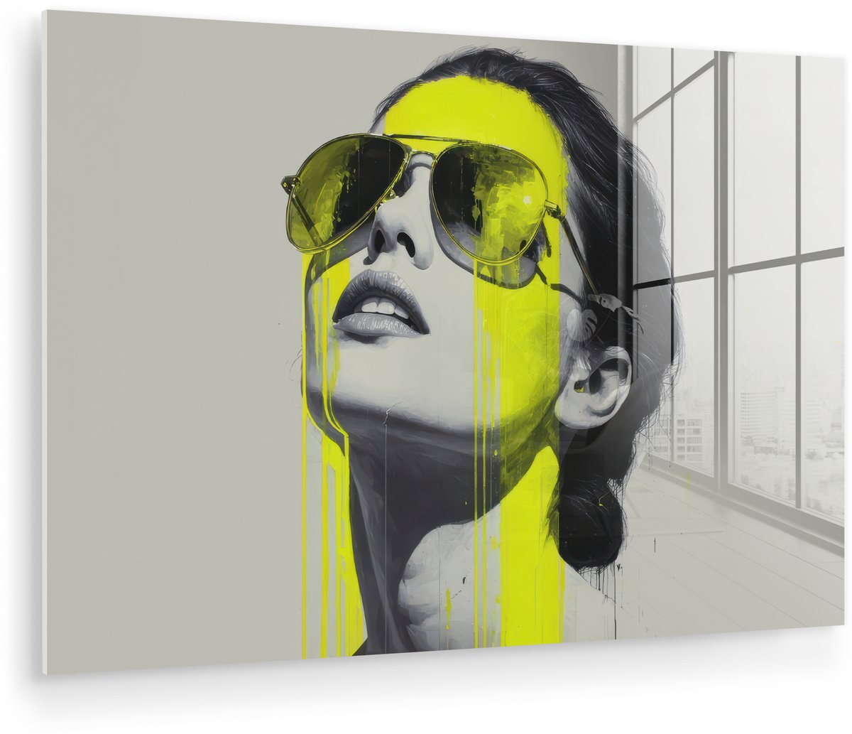 MuchoWow® Glasschilderij 120x80 cm - Schilderij acrylglas - Vrouw - Bril - Verf - Foto op glas - Muurdecoratie woonkamer - Wanddecoratie slaapkamer - Schilderijen