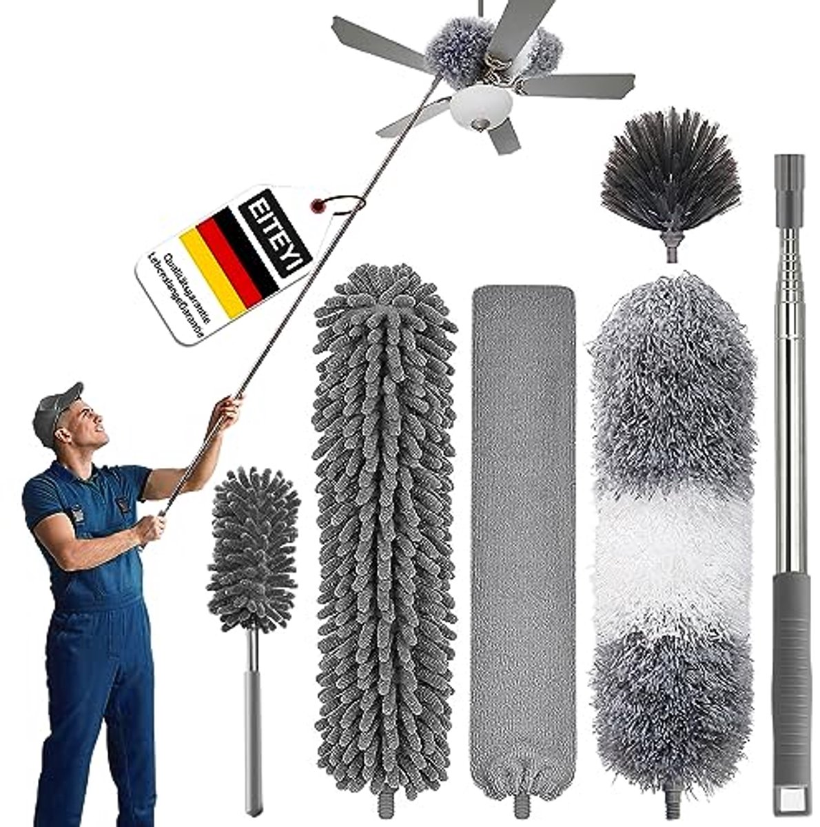 Telescopische stofplumeau 250 cm - wasbare microvezel stofdoek voor ventilatoren en moeilijk bereikbare plaatsen