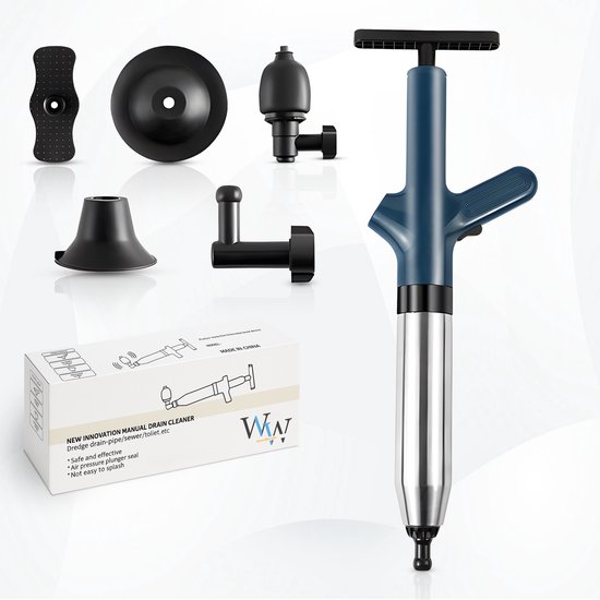 WoonWonder Professionele Luchtdruk Pomp Ontstopper - 4 Ontstoppingskoppen - Toilet Gootsteen Afvoer Riool - RVS - 0-8 Bar