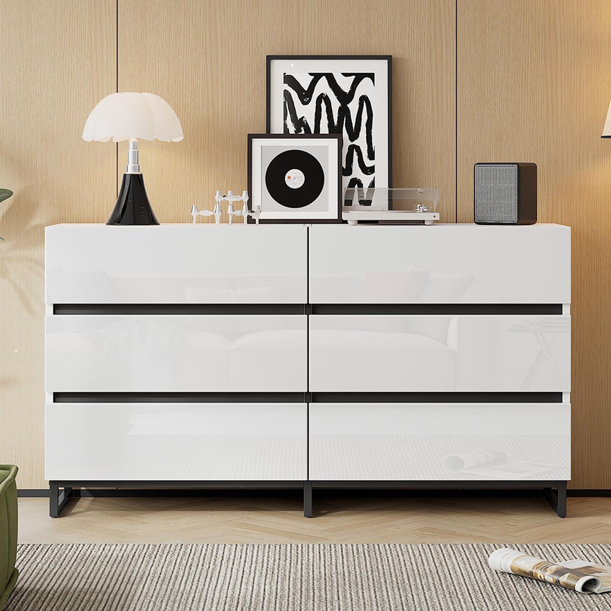 Pugsdrly Salonbuffet 140*39,5*78,5 cm, salonkast met 6 lades, glanzende ladekast, kast met 3 metalen poten, bijzetkast met uitstekend draagvermogen, wit + zwart