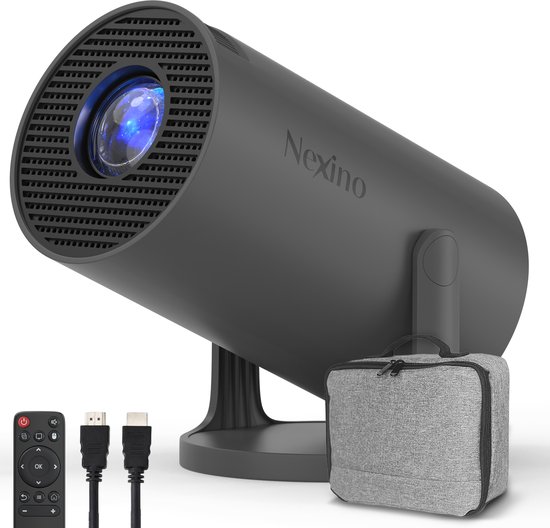 Nexino® Mini Projector Pro - Projecteur Smart avec Netflix, YouTube et Disney+ - Compatible 4K - Home Cinéma - Android 14.0 - Wi-Fi et Bluetooth - Sac de rangement inclus