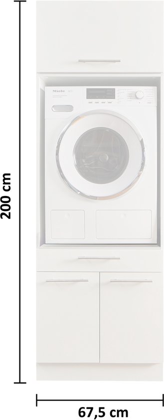 Laundry Wasmachine kast met verhoger en bovenkast - Wasmachine kast - Wasmachine ombouw meubel - Wit - Wasmachine ombouw kast - Hoogte 200 cm - Met bovenkast