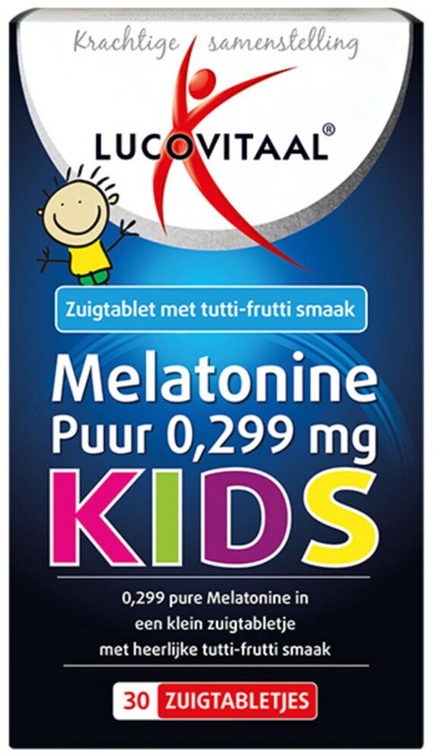 Verpakking met 'Melatonine Puur 0,299 mg KIDS' in diverse kleuren en een kindertekening.