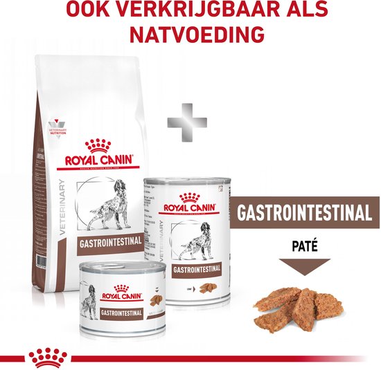Zakken en blikken Royal Canin Veterinary Gastro Intestinal, met natvoerpaté en droogvoer.