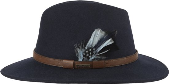 Donkerblauwe vilten fedora hoed met bruine band en decoratieve veren.