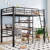 Bedframe, metalen bedframe, 90 x 200 cm, ijzeren bed met L-vormig bureau en een plank voor kinderen, jongeren en volwassenen, zwart