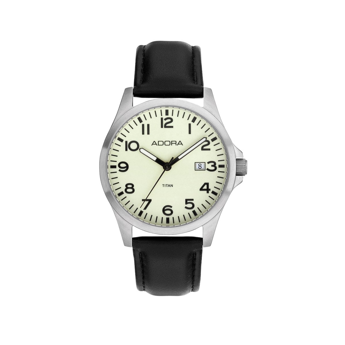 Volledig Lichtgevend Herenhorloge - Zelfoplichtende Wijzerplaat - Titanium Kast - Zilverkleurig - Zwart Leren Band - Met Datum - Adora Basis