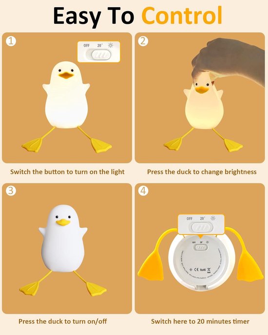 Schattig Geel Eendje Nachtlampje - Kinderen Siliconen Schattig Nachtlampje - Aanraakbediening Dimbaar Met Timer Nachtlamp voor Babyverzorging - USB Oplaadbaar LED Nachttafel Lampje - Geschikt voor Slaapkamer en Kinderkamer Decoratie van SCH® — afbeelding 3