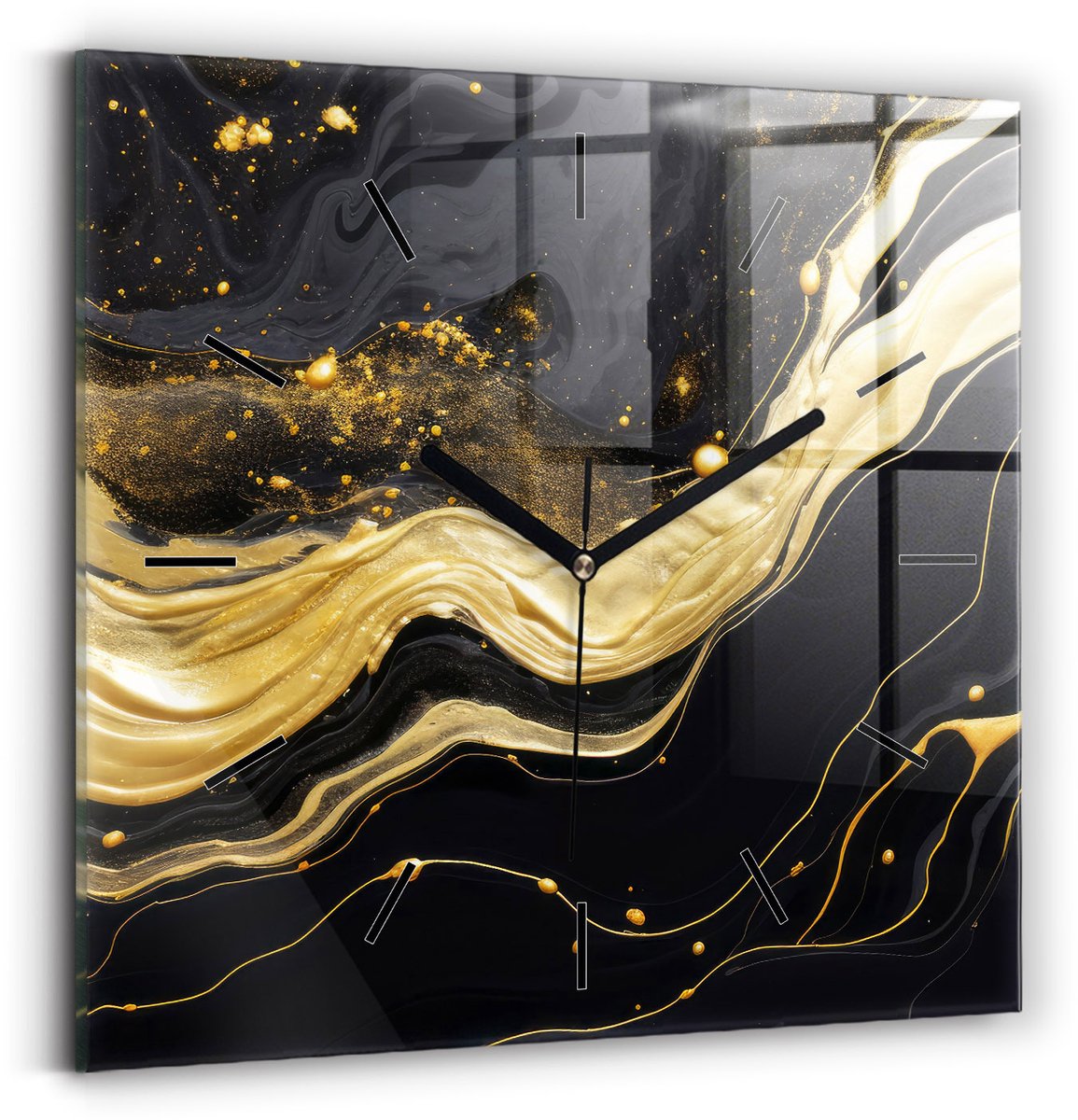 Wallfluent Wandklok - Gouden marmer Decoratieve Wandklok - 30 cm x 30 cm - Gouden Wandklok - Zwarte Handen - Wandklok Zonder Cijfers - Wandklok Glas Woonkamer - Vierkante Glazen Klok - Industrieel Wandklok - Stijlvolle Klok