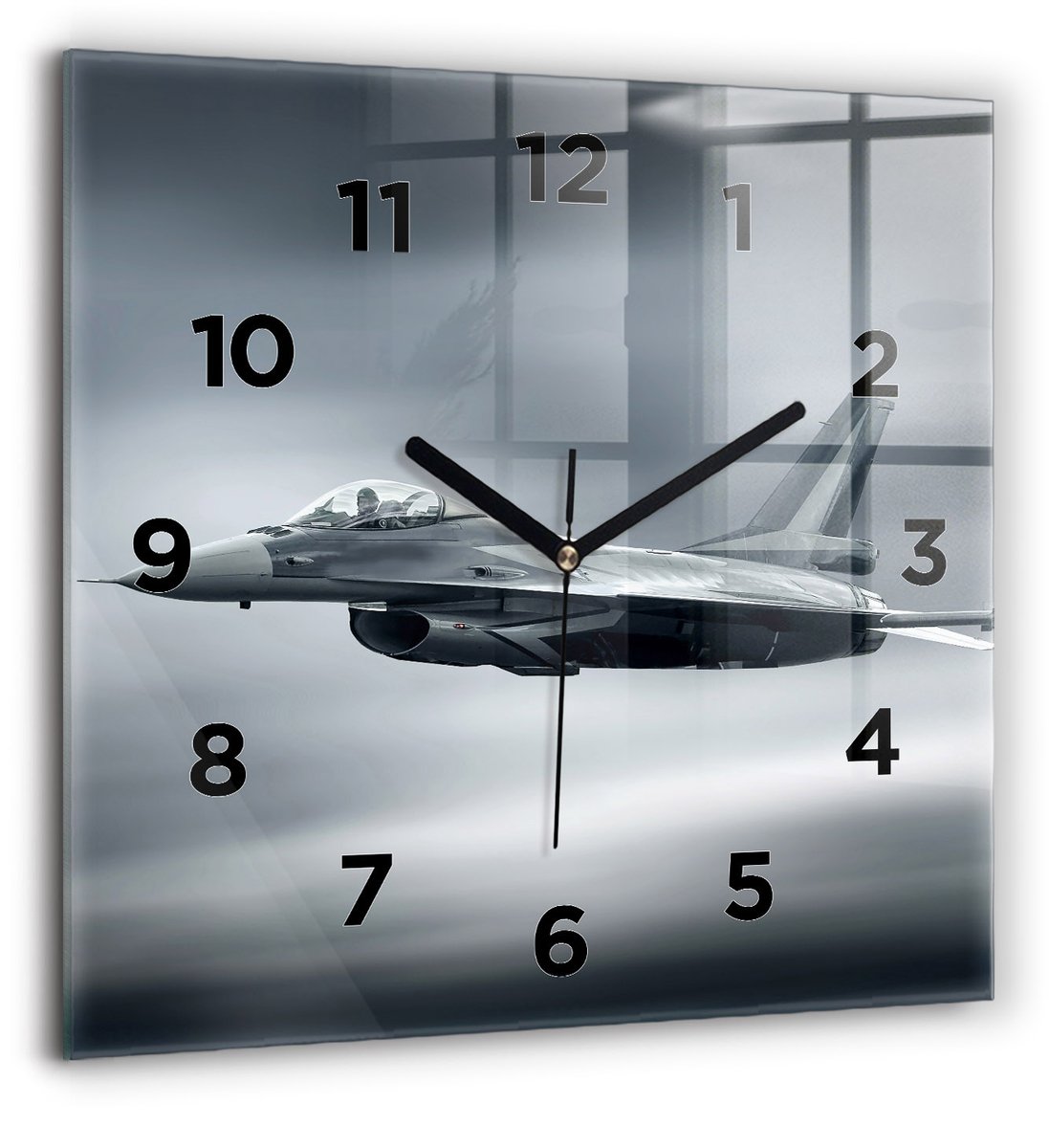 Wallfluent Wandklok - Militaire vliegtuigen in de vlucht Unieke Wandklok - 60 cm x 60 cm - Grijs Wandklok - Zwarte Handen - Wandklok Met Cijfers - Wandklok voor in de Keuken - Vierkante Glazen Wandklok - Industrieel Wandklok - Unieke Wandklok