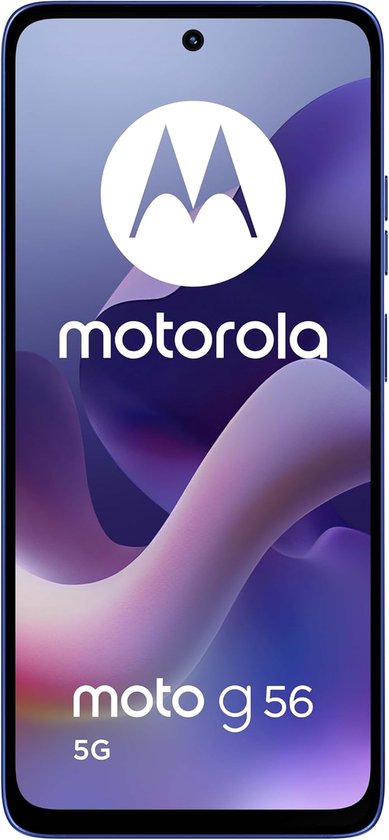 Voorkant van een kobaltblauwe Motorola moto g56 5G met het Motorola-logo en 'moto g56 5G' op het scherm.