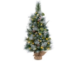 COSTWAY 90 cm kunstkerstboom met verlichting, kleine dennenboom, tafelkerstboom met 30 warmwitte ledlampen, timer, bessen en dennenappels voor kerstdecoratie, groen