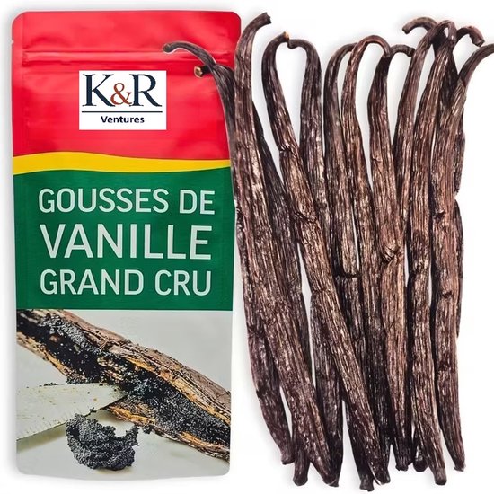 K&R Vanilla Grand Cru - Gousses de vanille de haute qualité - Gousse de vanille douce et parfumée - Longue conservation - Bourbon Premium Grade A 14-16 cm, 100 grammes - Gousses de vanille