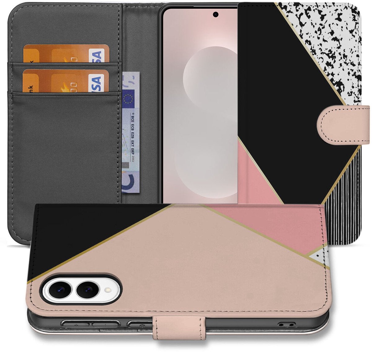 Samsung Galaxy S25 Edge Book Case Zwart Roze Vormen