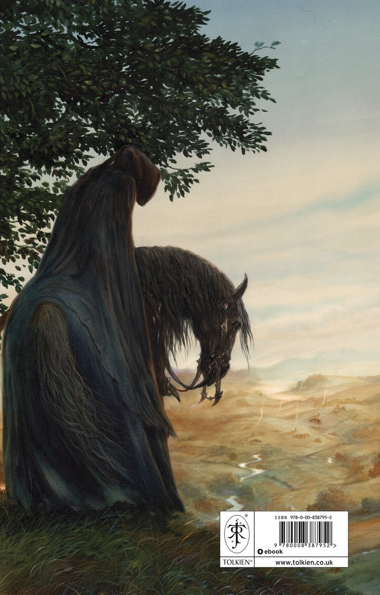 Une figure en cape noire se tient à côté d'un cheval, avec un arbre à gauche et un paysage en arrière-plan.