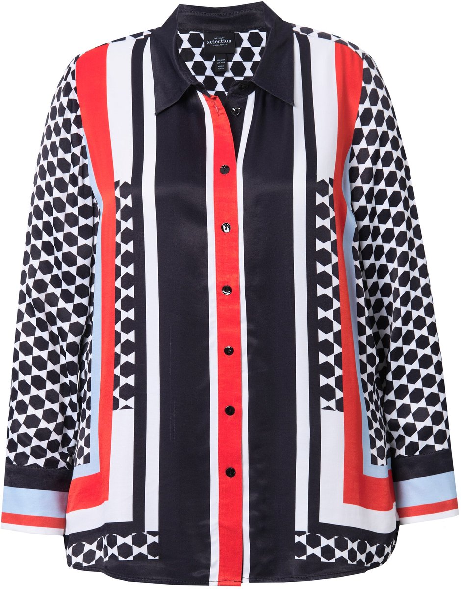 Ulla Popken - Dames - Blouse patroonmix overhemdkraag lange mouwen - Sneeuwwit - Maat 42+