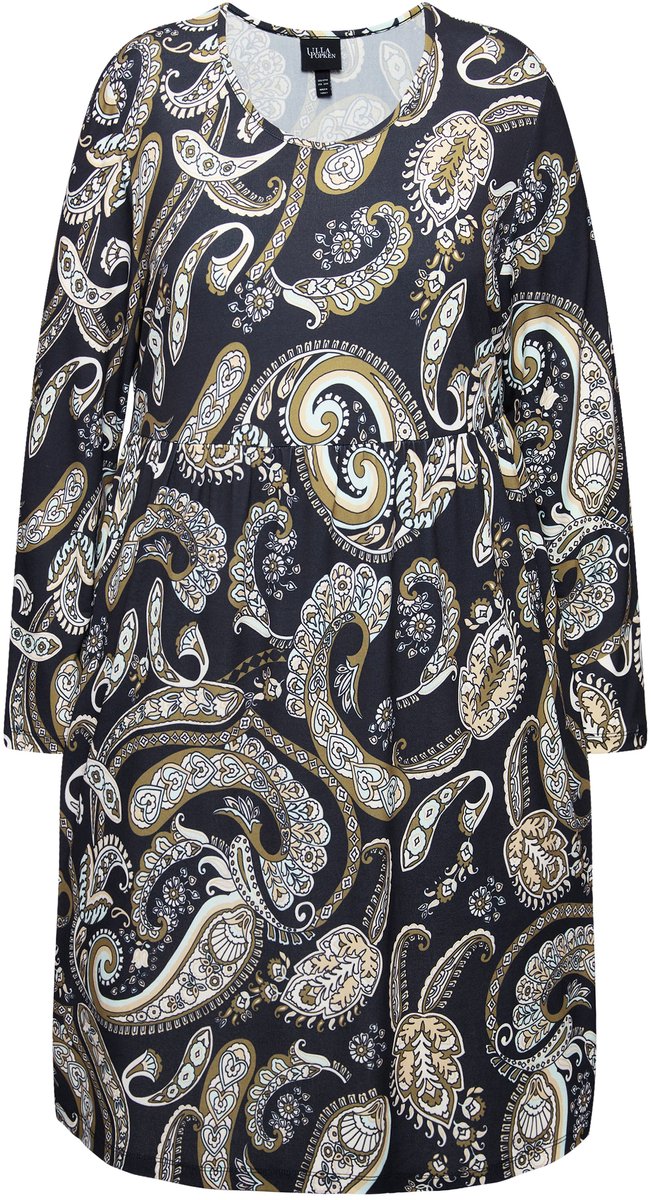 Ulla Popken Dames - Jersey jurk paisley A-lijn ronde hals lange mouwen - Zwart - Maat 50+